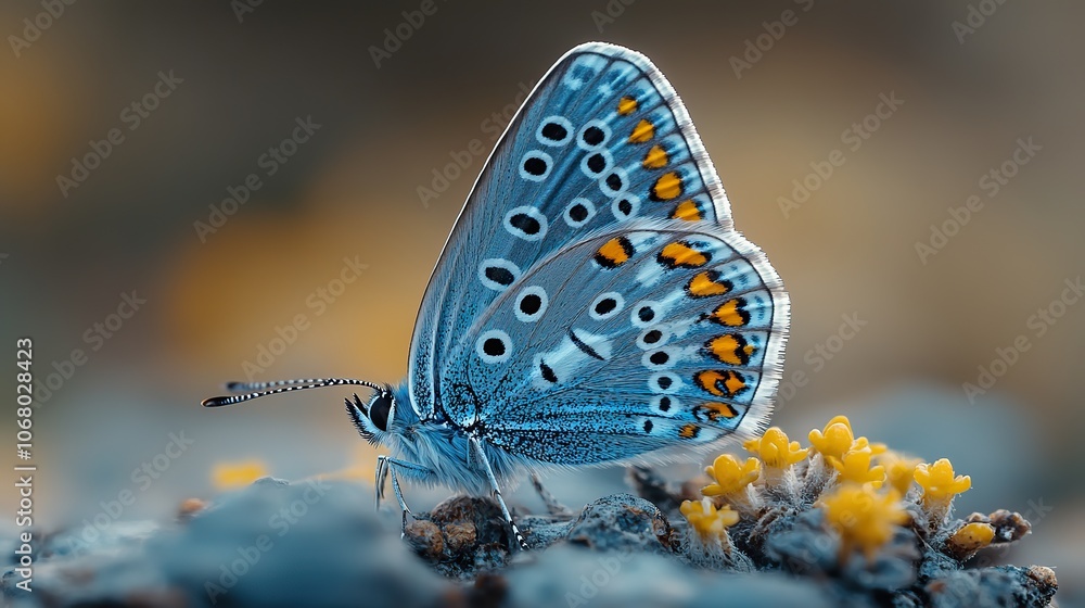 Naklejka premium Closeup of a blue butterfly in the wild, perfect for nature-themed posters or wallpaper.