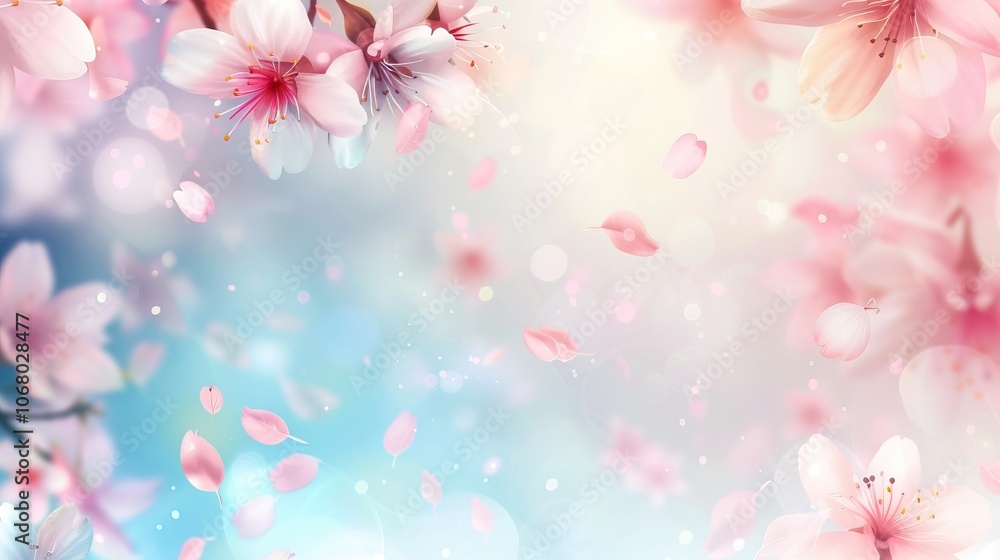 Beautiful cherry blossoms in full bloom with petals falling against a soft pastel background Beautiful cherry blossoms in full bloom with petals falling against a soft pastel background