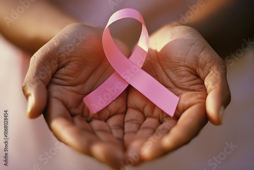 Close-up of hands holding a cancer awareness ribbon, symbolizing unity and support 