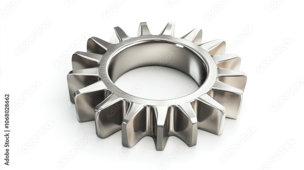 Isolated silver gear, top view perspective in 3D, with a polished look on a white background. Isolated silver gear, top view perspective in 3D, with a polished look on a white background.