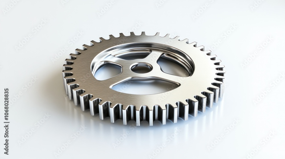 Isometric view of a 3D silver gear, isolated on white with reflective surfaces. Isometric view of a 3D silver gear, isolated on white with reflective surfaces.