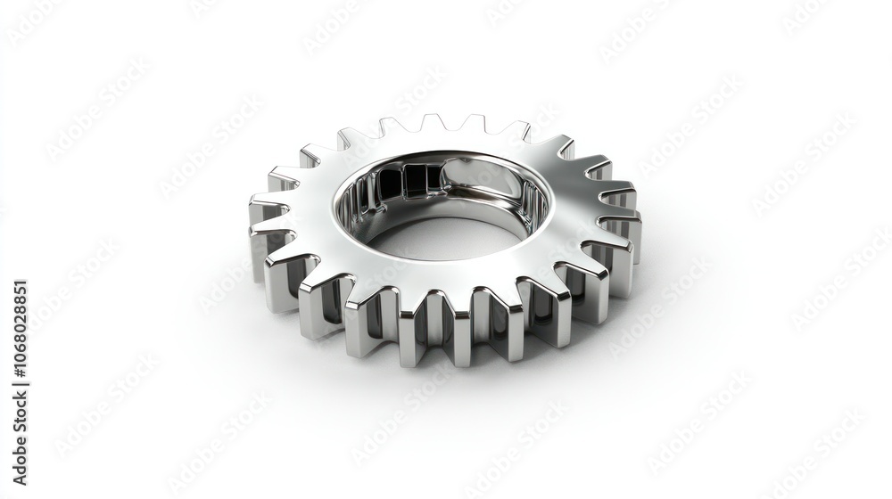 Isometric view of a 3D silver gear, isolated on white with reflective surfaces. Isometric view of a 3D silver gear, isolated on white with reflective surfaces.