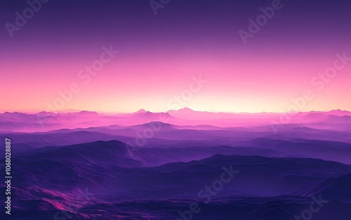 A breathtaking landscape featuring rolling mountains under a vibrant purple twilight sky, creating a serene and mystical atmosphere that captivates the viewer.