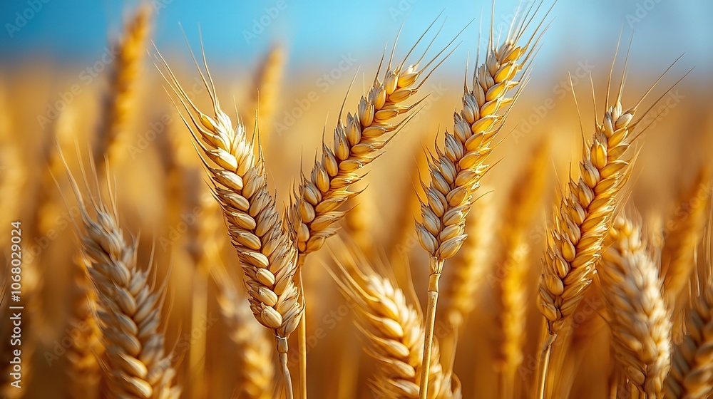 Close-up of golden wheat ears on a sunny day, a natural backdrop representing a rich harvest, ideal for summer or autumn-themed designs. Close-up of golden wheat ears on a sunny day, a natural backdrop representing a rich harvest, ideal for summer or autumn-themed designs.
