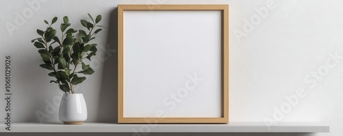 A minimalist design featuring a blank frame and a potted plant on a shelf against a textured wall.