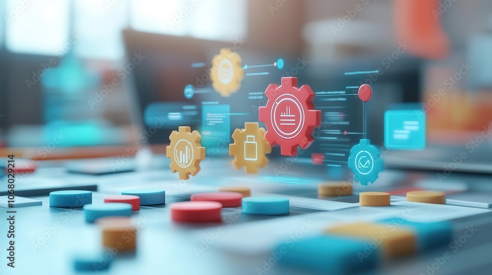 A visually striking representation of gears and digital icons, symbolizing technology, automation, and productivity in a modern workspace. A visually striking representation of gears and digital icons, symbolizing technology, automation, and productivity in a modern workspace.