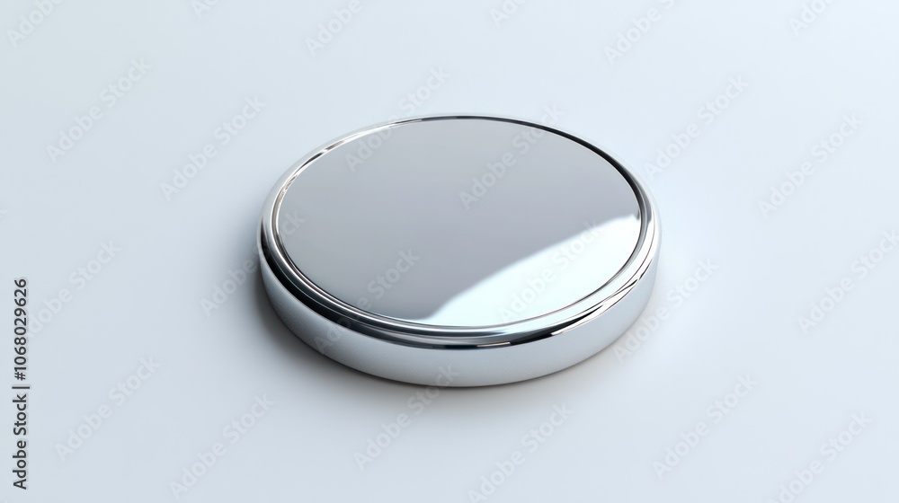 Minimalist 3D silver coin icon, top perspective, on a plain white background with a polished chrome surface. Minimalist 3D silver coin icon, top perspective, on a plain white background with a polished chrome surface.