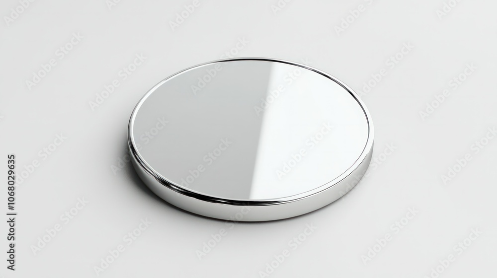 Minimalist 3D silver coin icon, top perspective, on a plain white background with a polished chrome surface. Minimalist 3D silver coin icon, top perspective, on a plain white background with a polished chrome surface.