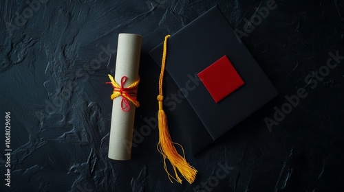 A black graduation cap with a yellow tassel and red square design on the front, placed beside a rolled diploma scroll, symbolizing academic achievement.  photo