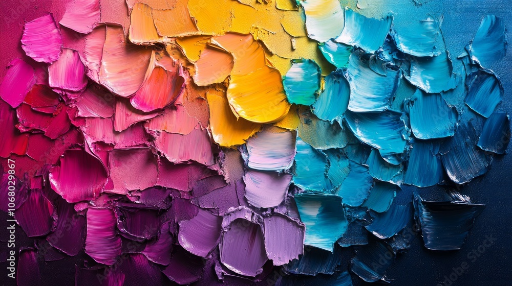 Abstract art painting with vibrant colors in pink, orange, yellow, blue, and purple shades. Abstract art painting with vibrant colors in pink, orange, yellow, blue, and purple shades.