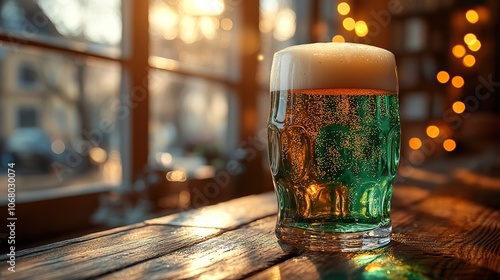 Cold fresh green beer in a glass on a wooden table, with golden lights in the background, perfect for Oktoberfest or St. Patrick's Day. photo