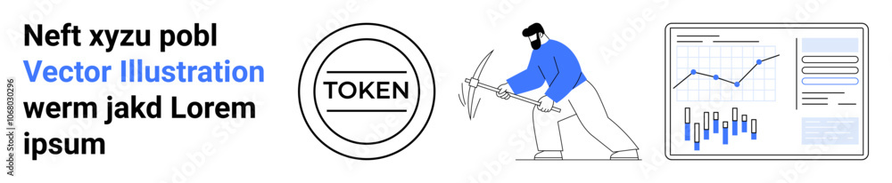 TOKEN in circle, man mining with pickaxe, financial graph and bar chart. Ideal for cryptocurrency, blockchain, digital assets, data analysis, fintech, financial technology, investment tools. Landing TOKEN in circle, man mining with pickaxe, financial graph and bar chart. Ideal for cryptocurrency, blockchain, digital assets, data analysis, fintech, financial technology, investment tools. Landing