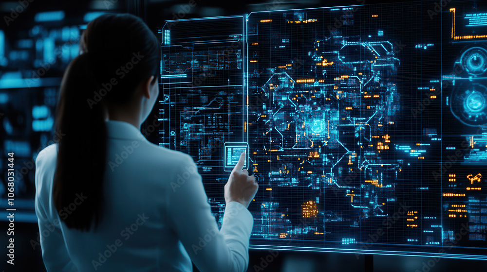 person in futuristic office setting interacts with digital interfaces, showcasing advanced technology and data visualization. atmosphere is innovative and high tech person in futuristic office setting interacts with digital interfaces, showcasing advanced technology and data visualization. atmosphere is innovative and high tech