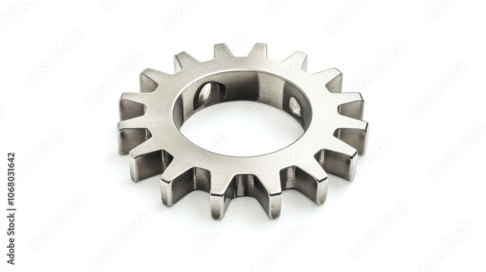 Polished silver gear icon, top-down perspective in 3D, isolated on a white background. Polished silver gear icon, top-down perspective in 3D, isolated on a white background.