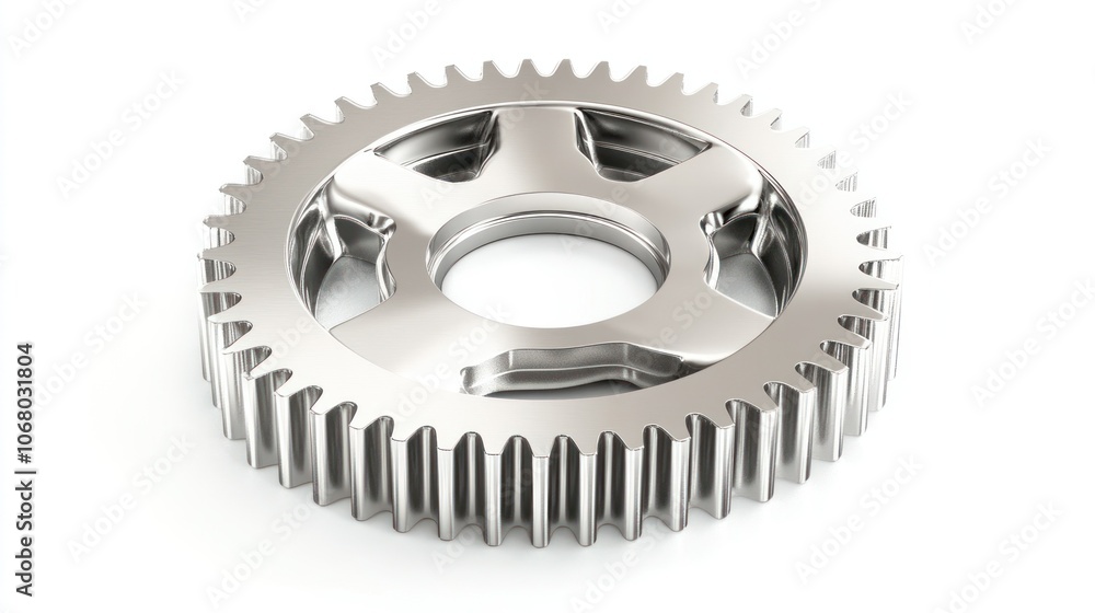 Polished silver gear, viewed from a top-down perspective, isolated on a white backdrop in 3D. Polished silver gear, viewed from a top-down perspective, isolated on a white backdrop in 3D.