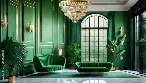オンラインミーティング用背景 テレビ会議 背景用 CG 豪華なホテルのロビー 緑色の壁の部屋 大邸宅 ホール 宮殿 video conferencing background for using in video conference and as a zoom background.