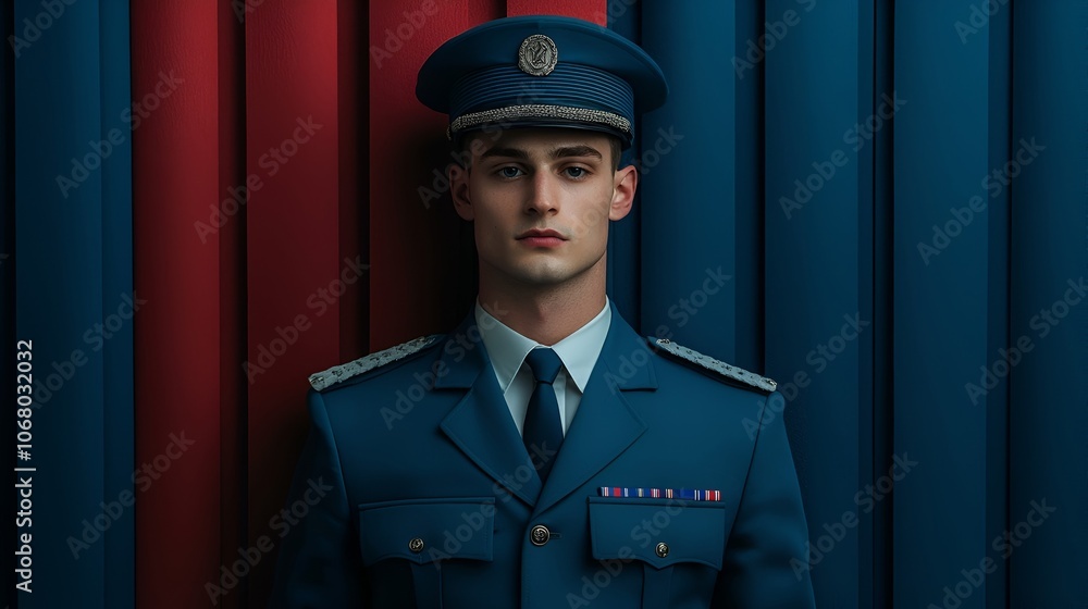 Male Officer Portrait in Blue and Red Background Male Officer Portrait in Blue and Red Background