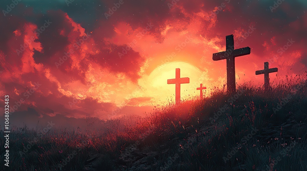 Crosses on a hill symbolize the Easter Sunday celebration, representing Christian faith, perfect for religious banners and minimalist illustrations. Crosses on a hill symbolize the Easter Sunday celebration, representing Christian faith, perfect for religious banners and minimalist illustrations.