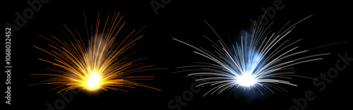 Realistic welding sparks, metal sparkles from the welding machine, glowing particles in motion, firework effect. Vector illustration.