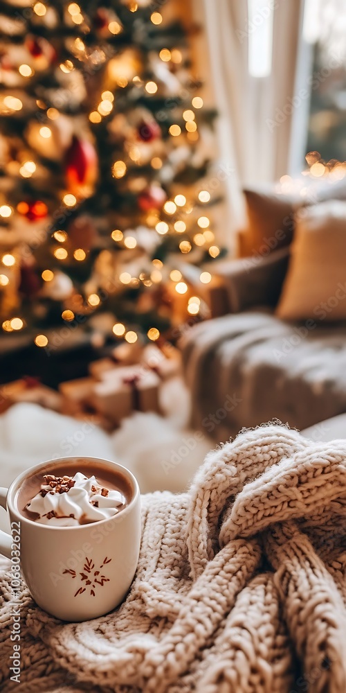 Hot chocolate and presents in a cozy living room, holiday lights glowing warmly, peaceful setting Hot chocolate and presents in a cozy living room, holiday lights glowing warmly, peaceful setting
