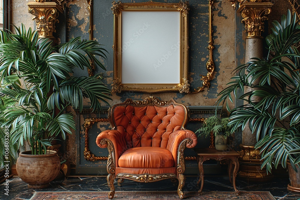 Obraz premium A luxurious room featuring an ornate orange chair, plants, and a decorative wall.