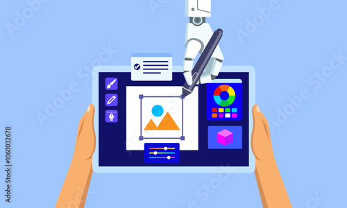 Robot creates digital art using a touch pen, AI artist assistant creates images on a drawing tablet, AI technology