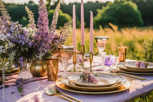Wedding tablescape, elegant formal dinner table setting, table scape with lavender decoration for holiday party event celebration, post-processed, generative ai