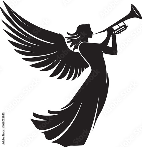 Silhouette of angel holding a trumpet black and white