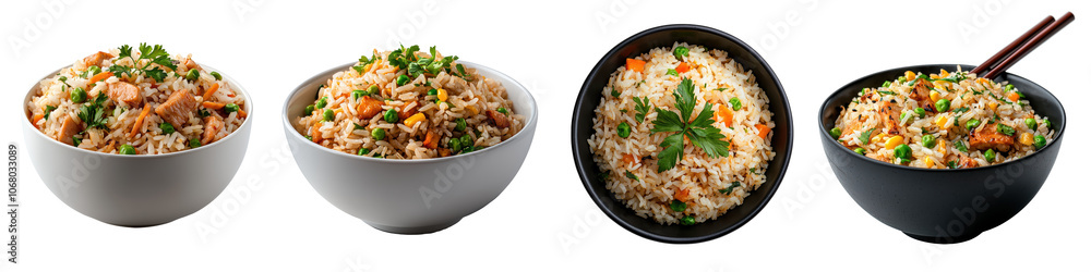 Four bowls of rice with colorful ingredients on a white isolated background Four bowls of rice with colorful ingredients on a white isolated background