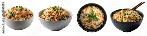 Four bowls of rice with colorful ingredients on a white isolated background