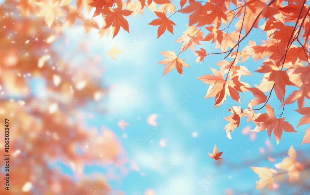 Vibrant orange and red maple leaves against a soft blue sky, creating a beautiful autumn background. Vibrant orange and red maple leaves against a soft blue sky, creating a beautiful autumn background.