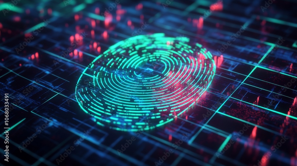 17.A high-tech fingerprint scan rendered in neon light, radiating in vivid blue and green hues. The glowing lines of the fingerprint are layered over a dark grid background, symbolizing digital 17.A high-tech fingerprint scan rendered in neon light, radiating in vivid blue and green hues. The glowing lines of the fingerprint are layered over a dark grid background, symbolizing digital