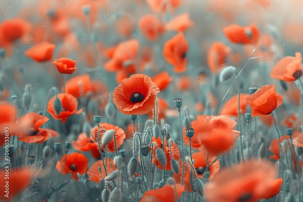 Obraz premium Beautiful red poppies on the field at sunset.