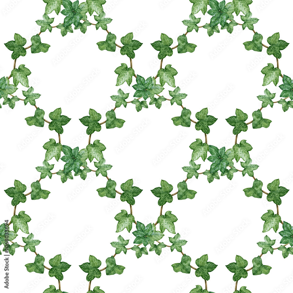 Ivy plant geometric seamless pattern. Watercolor botanical illustration. Green lush hedera helix painted image. Evergreen hedera garden herb seamless pattern element on white background Ivy plant geometric seamless pattern. Watercolor botanical illustration. Green lush hedera helix painted image. Evergreen hedera garden herb seamless pattern element on white background