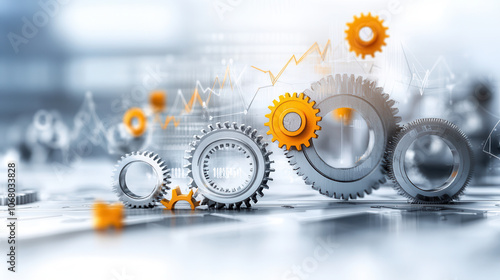 Intricate gearwork symbolizing economic machinery and progress, featuring metallic gears with orange accents, set against blurred background of graphs and data photo