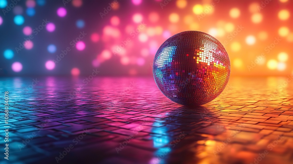 Fototapeta premium Disco mirror ball on a bright rainbow background with lights, representing retro dance parties.