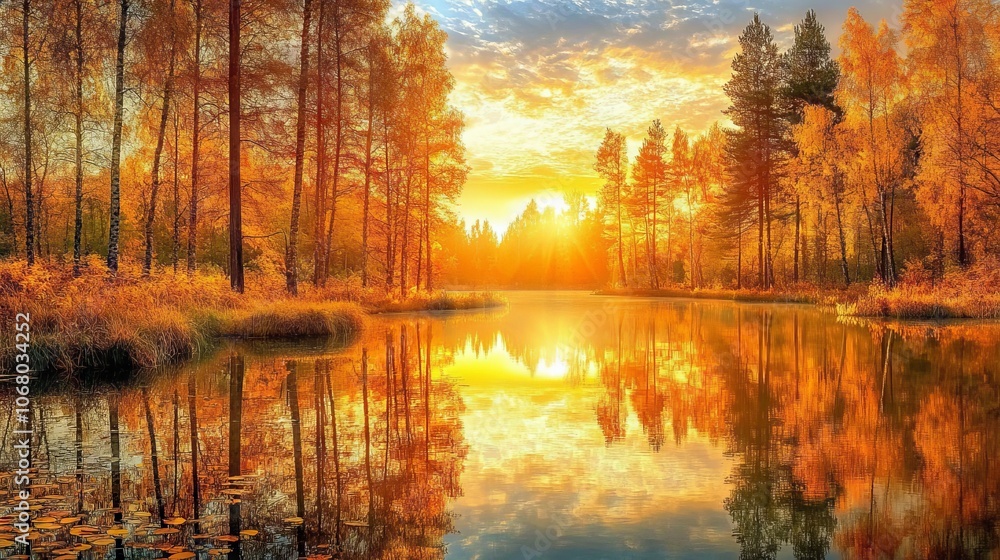 Naklejka premium 56.A breathtaking autumn forest scene captured with a wide-angle view, where golden leaves cascade down from towering trees, their reflections mirrored in the calm waters of a nearby lake. The