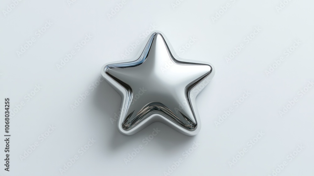 Smooth chrome star icon, 3D rendered, viewed from above on a bright white background. Smooth chrome star icon, 3D rendered, viewed from above on a bright white background.