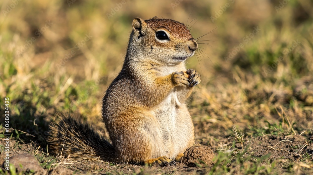 Fototapeta premium 89.An African ground squirrel sits upright, nibbling on a small piece of food it found while foraging in the grassland. The sun casts long shadows across the warm earth and the squirrelâ€™s fur, as it