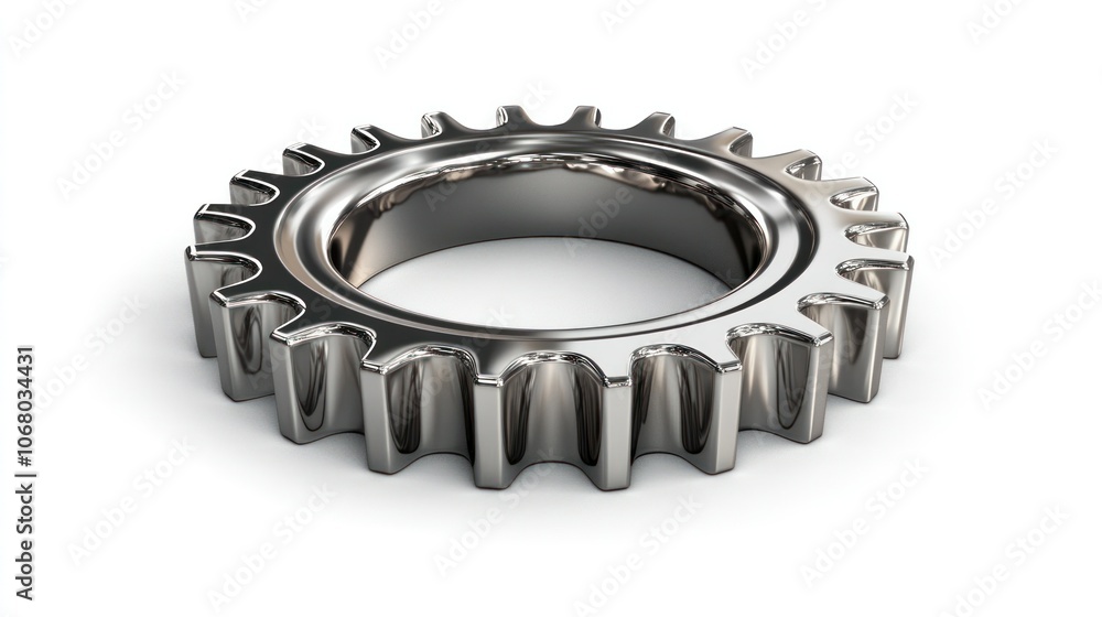 Stylized 3D gear illustration, silver with reflective details, displayed on a plain white background. Stylized 3D gear illustration, silver with reflective details, displayed on a plain white background.