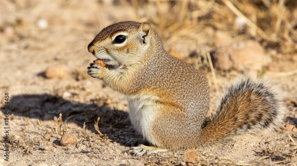 89.An African ground squirrel sits upright, nibbling on a small piece of food it found while foraging in the grassland. The sun casts long shadows across the warm earth and the squirrel’s fur, as it 89.An African ground squirrel sits upright, nibbling on a small piece of food it found while foraging in the grassland. The sun casts long shadows across the warm earth and the squirrel’s fur, as it