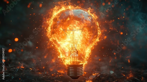 Electric bulb engulfed in flames, symbolizing energy power and danger for design posters.