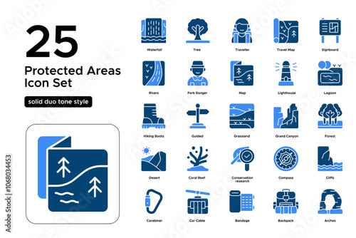 Protected Areas Solid Duo Tone Icon Set: Preserved Habitats, Conservation Areas, and Scenic Spots Icons