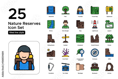 Nature Reserves Filled Line Icon Set: Parklands, Wildlife Areas, and Protected Nature Icons