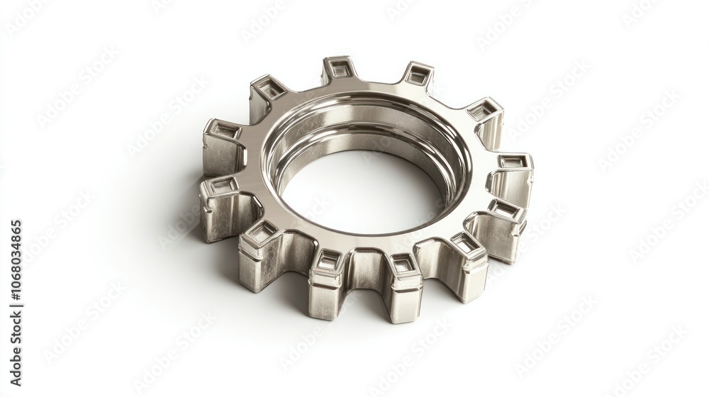 Top-down view of an isolated 3D gear, polished in silver and displayed on a clean, bright white background. Top-down view of an isolated 3D gear, polished in silver and displayed on a clean, bright white background.