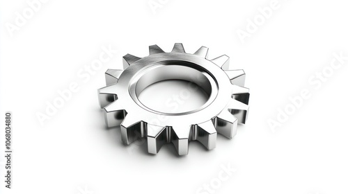 Top-down view of an isolated 3D gear, polished in silver and displayed on a clean, bright white background.