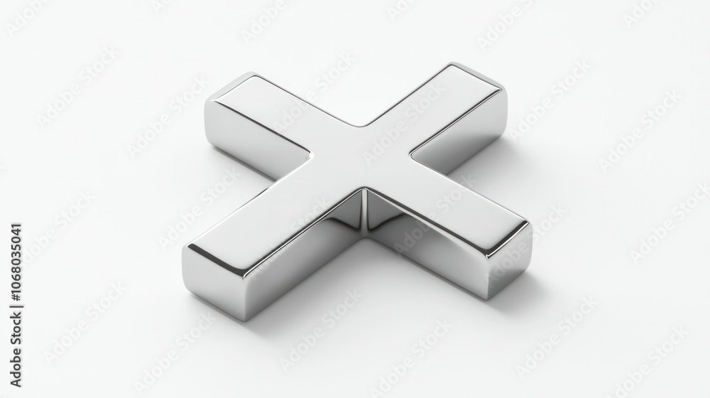 Obraz premium Top-view of 3D silver cross icon on a white background, with a smooth metallic finish for a clean look.