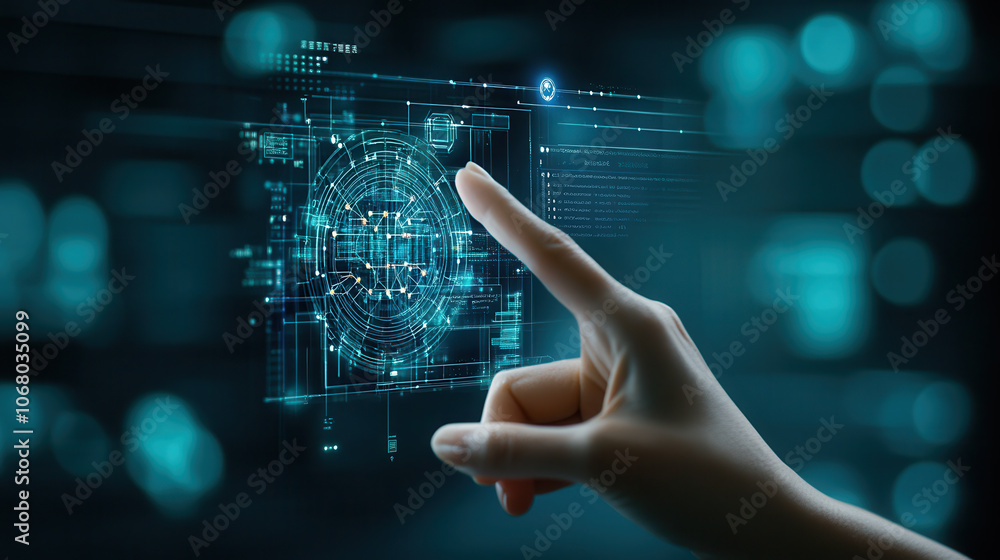 Tech savvy individual engages with digital display, showcasing futuristic technology and interactive elements. scene conveys innovation and advanced digital interfaces Tech savvy individual engages with digital display, showcasing futuristic technology and interactive elements. scene conveys innovation and advanced digital interfaces