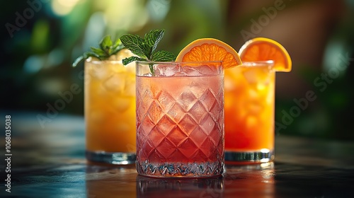 Exotic cocktails on a tropical background, promoting fresh drinks for summer travel destinations.