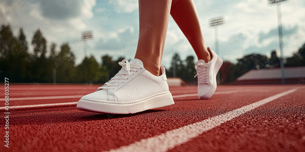 Close up of a woman's feet in white sneakers walking on a red track, with the focus on the shoes, generative AI Close up of a woman's feet in white sneakers walking on a red track, with the focus on the shoes, generative AI